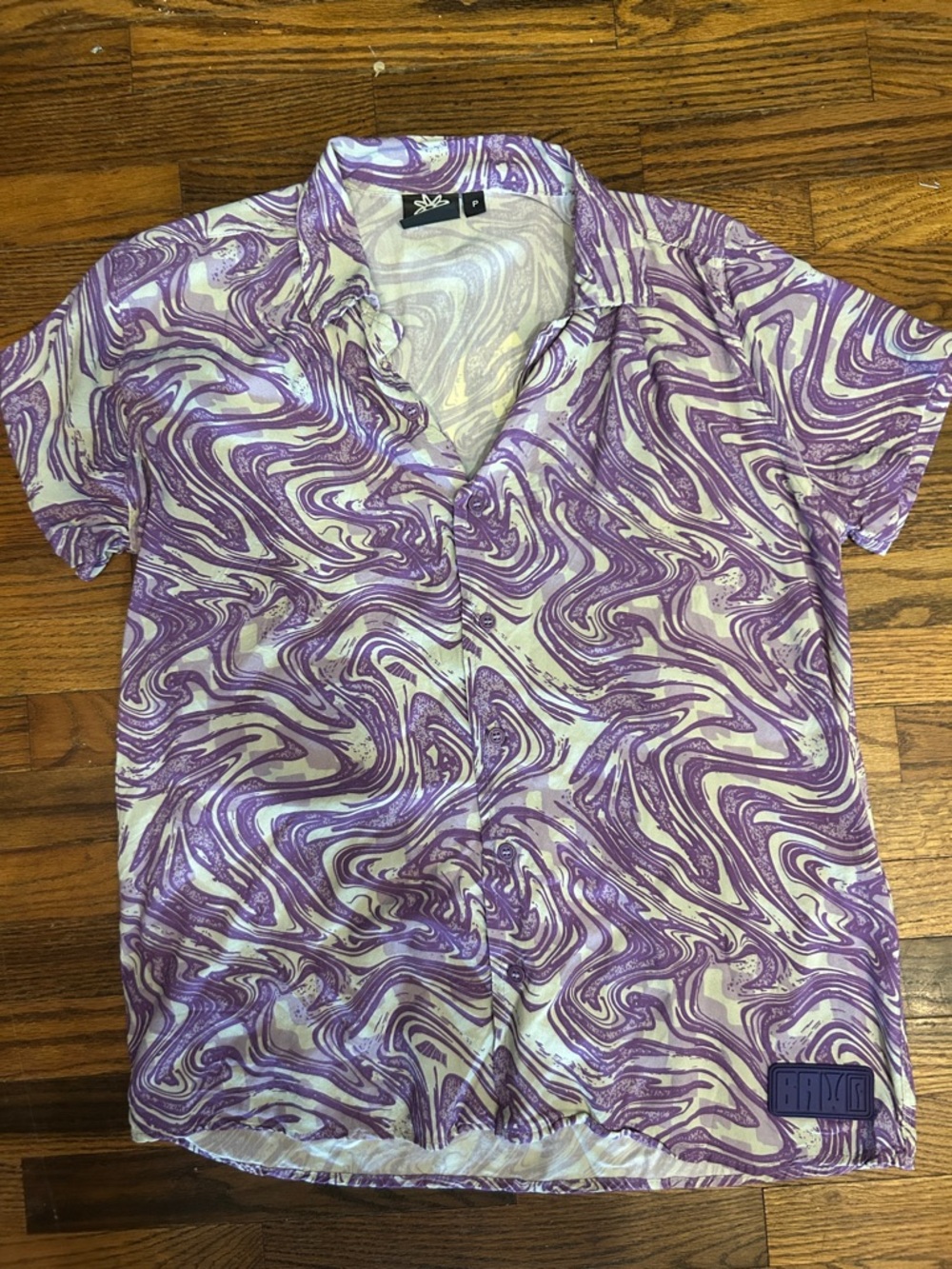 Purple Marble-Print Short Sleeve Button-Down Shirt by BAYO